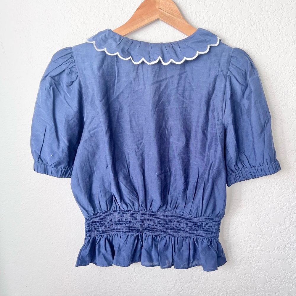 Ann Taylor Navy Scalloped Edge Faux Wrap Top Sz SP - Picture 5 of 5